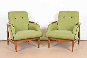 Finn Juhl Danish Modern Upholstered Teak Lounge Chairs Pair