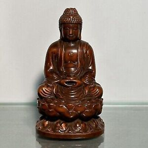 Chinese Boxwood Carved Lotus Buddha Statues Wooden Carving Decor Art Collection