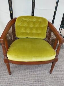 Vintage Hollywood Regency Barrel Cane Chair Green Tufted Velvet Cushions