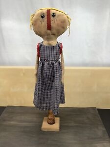 Vintage Antique Handmade Primitive Rag Doll On Stand Great Find 22 