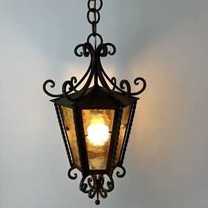 Spanish Revival Wrought Iron Hanging Lamp Square Iron Bent And Curled Mcm