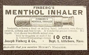 1899 Joseph Finberg S Menthol Inhaler Vtg Print Ad Quack Medicine Attleboro Mass