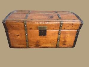 Antique Dome Trunk Chest Oak Country Primitive Rustic Leather Side Handles