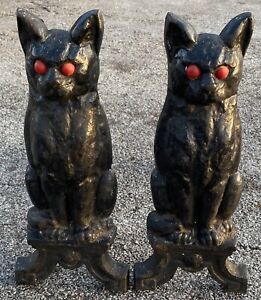 Cast Iron Halloween Black Cat Scary Glowing Red Eyes Fireplace Andirons