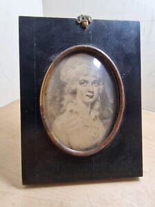 Antique Portrait Miniature Of A Lady Ebonised Frame Oak Leaf Acorn Detail