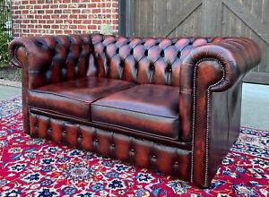 Vintage English Chesterfield Leather Tufted Love Seat Sofa Oxblood Red 2