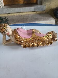 Antique Chinese Wooden Carved Jeweled Reclined Buddha Statue 12 