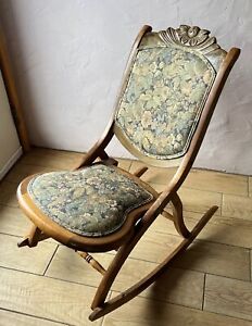 Vintage Antique Folding Wooden Rocking Chair Victorian Floral Tapestry