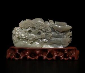 879g Chinese Carved Nephrite Jade Statue W Landscape With Base