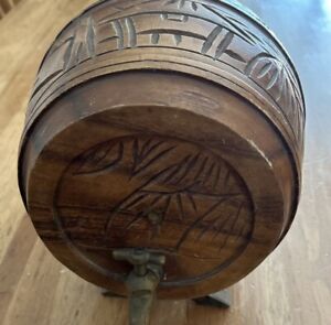 Sm Barrel Carved Wooden Keg Stand Vtg Metal Spigot No Cork Made In England