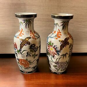 Vintage Asian Chinese Oriental Temple Vase Urn Porcelain Ceramic 14 Set Of 2