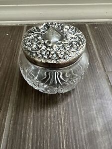 Large Vintage Repousse Cut Crystal Powder Jar With Sterling Silver Lid