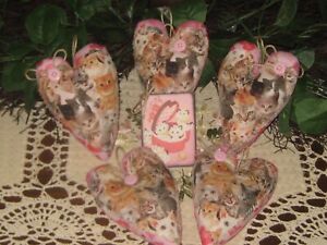 Cottage Decor 5 Valentine Hearts Ornaments Appliqued With Cats Handmade Gift
