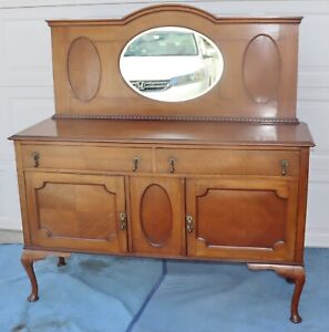 Antique Oak Sideboard Buffet Server With Beveled Mirror