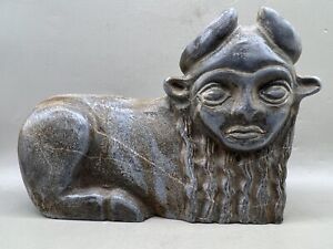 Ancient Near Eastern Bull Head Sphinx With Horn And Beard Stone Statue