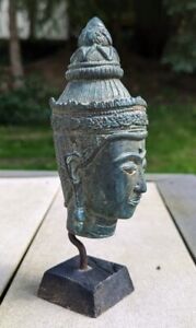 Thai Bronze Buddha Bust Head On Stick Base As Found Original Patina Labeled