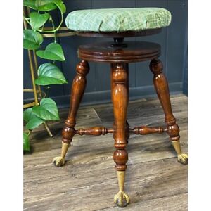 Antique Solid Wood Swivel Piano Stool Vgc Brass Tipped Ball Claw Feet