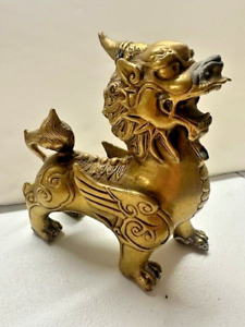 Brass Chinese Asian Winged Foo Dog Lion Horned Statue Beast