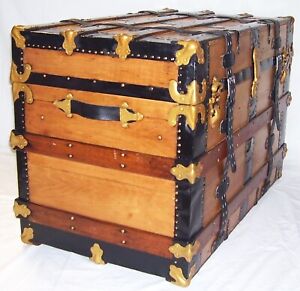 Beautiful Antique Flat Top Storage Chest Steamer Trunk W Leather Straps