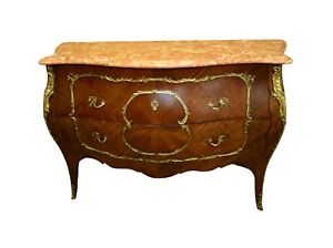 Vintage Italian Style Inlaid Marble Top Bombe Commode