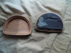 Chinese Scholar S Calligraphy Ink Stone With Buddha Design Wood Case