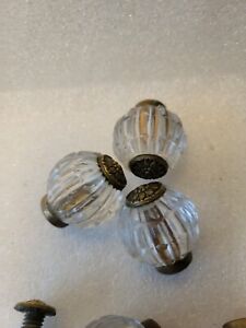 Vintage Art Deco Cut Glass Brass Drawer Pull Knobs Unique Lot Of 4