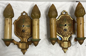 Pair Of Vintage Lasalle Gilt And Enameled Two Light Electrical Wall Sconces
