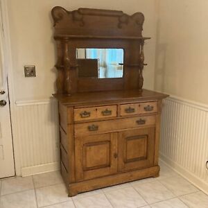 Antique Large Solid Tiger Oak Buffet Sideboard Server Cabinet