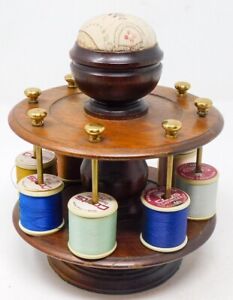 Antique Thread Spool Holders Pincushion English 19th C Treen Sewing Stand Spins