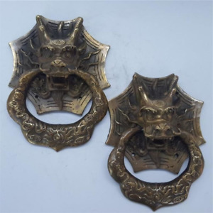 A Pair Exquisite Classical Chinese Feng Shui Copper Dragon Door Knocker Bells