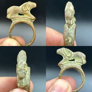 Very Rare Ancient Roman Greek Bronze Ring With Sheep Animal Figure