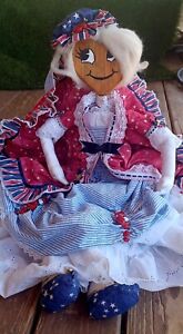 Ooak Folk Art Patriotic Wooden Self Sitting Large 34 Doll Detailed Outfit Usa