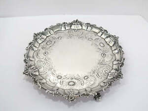 13 5 In Sterling Silver Antique English 1752 Floral Footed Round Salver