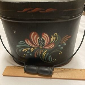 Antique Hand Painted Tin Lunch Box Tole Ware Wood Handle Folk Art Core Floral