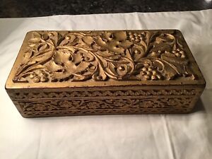 Antique 1920 Mughal Raj Carved Wood Jewelry Trinket Box 10 X5 Gold Lidded India