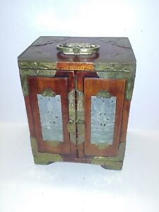 Antique Chinese Jewelry Chest Trunk Wood Box With Brass Carved Jade Ornate