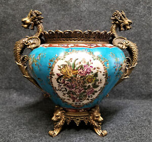  Wong Lee 1895 Chinese Porcelain And Bronze Floral And Dragon Crackle Glaze Urn 