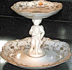 Antique Ardalt Lenwile Porcelain Compote Bowls 2 Tiers 24k W Bisque Cherub Japan