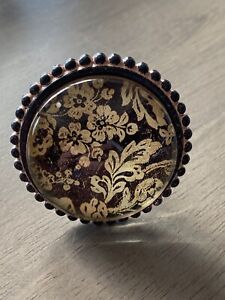 Vintage Glass Domed Black Cream Flower Drawer Pull Knob 2 Replacement