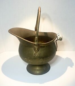 Vintage Brass Scuttle Helmet Coal Bucket Adjustable Top Handle Delft Side Handle