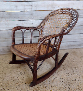 Antique Victorian Primitive Caned Bentwood Wicker Child S Rocking Chair Rocker