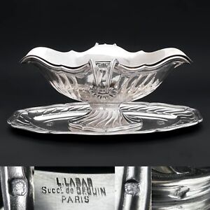 Antique French Sterling Silver Gravy Sauce Boat Tray Leon Lapar Heraldic Crown