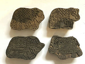 Set Of 4 Primitive Vintage Carved Elephant Butter Mold Stamp Ink Press Blocks