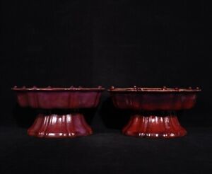 China Song Red Glaze Jun Kiln Porcelain Imperial Dragon Grain Lace Compote Pair