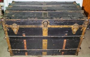 Antique Large Wooden Steamer Trunk Chest W Intricate Brass 27 X41 X23 Wheeled