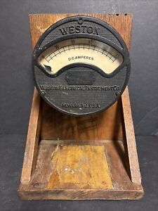 Antique Weston Electrical Model 24 D C Amperes Gauge Meter On Oak Wood Base