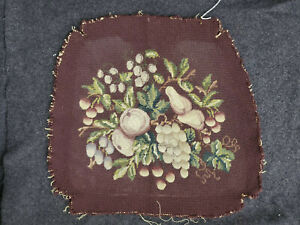 Antique Hand Needlepoint Chair Bottom Cover Petit Point Fruit Leaf Wool 19x20