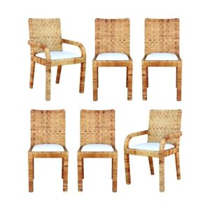 Six Woven Wrapped Rattan Parsons Dining Chairs Bielecky Brothers Baldwin Style
