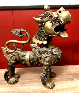 13 Tall Large Antique Solid Brass Chinese Foo Dog Dynasty 13 Lbs Incense Burner
