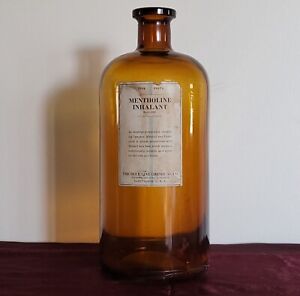 Antique 11 Amber Brown Round Glass Apothecary Bottle Mentholine Inhalant Label